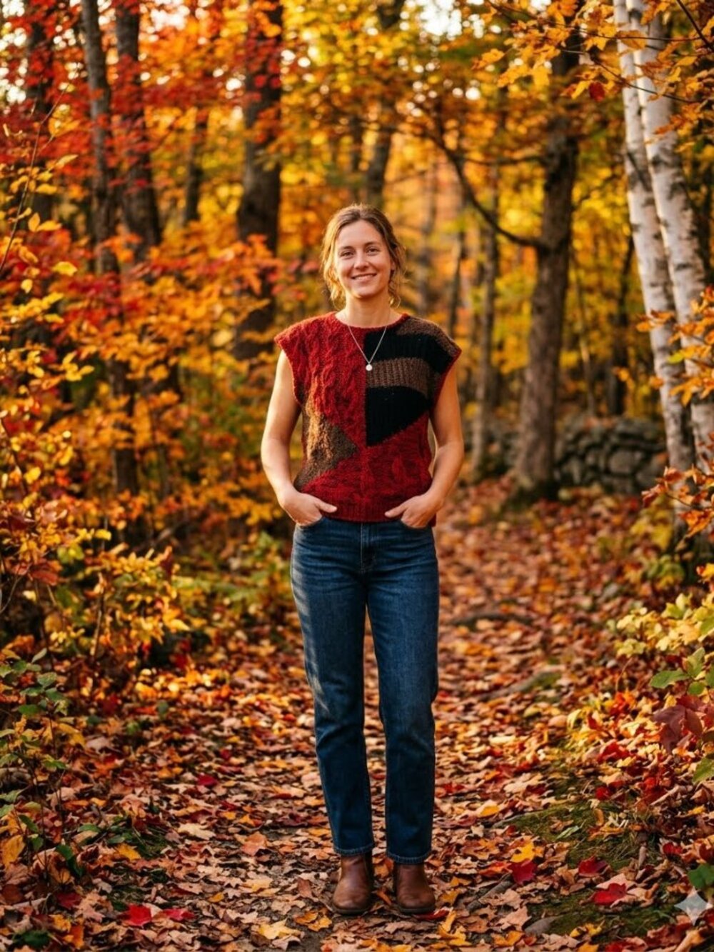 Lucia Women Size Small Red Black Chunky Sleeveless Ramie Blend Hand Knit Sweater